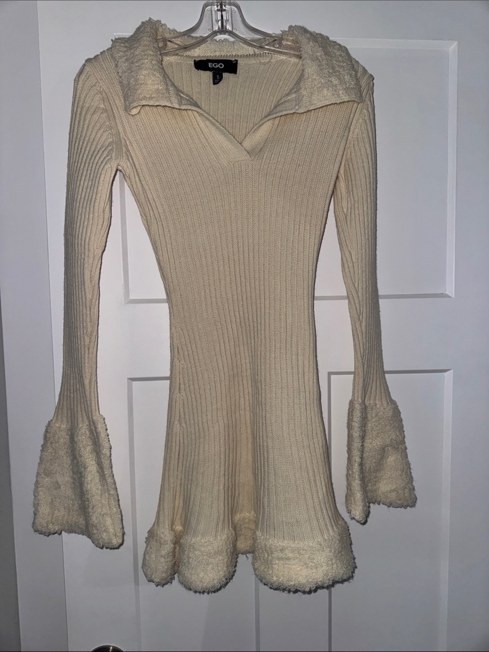 EGO Cream Ribbed Knit Dress with Flounce Collar and Flounce Hem